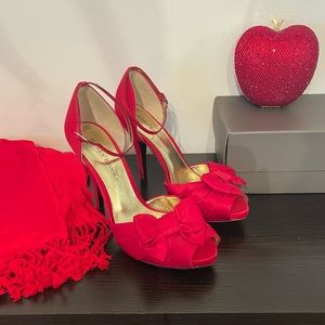Red satin peep toe ankle strap bow heels pumps